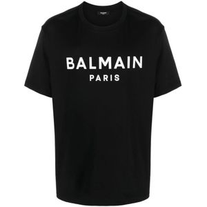 Balmain, Tops, Heren, Zwart, S, Katoen, Logo Print Katoenen T-Shirt