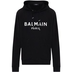 Balmain, Sweatshirts & Hoodies, Heren, Zwart, L, Katoen, Bedrukte hoodie