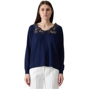 Ermanno Scervino, Marineblauwe Kant V-Hals Top Blauw, Dames, Maat:M