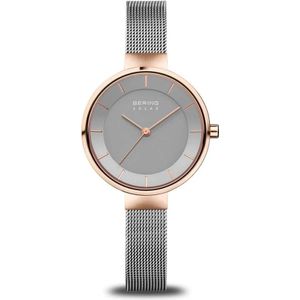 Bering, Solar Slim Design Milanaise Horloge Grijs, Dames, Maat:ONE Size