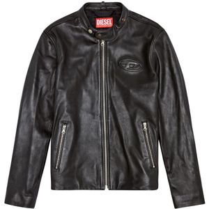 Diesel, Leather biker jacket with distressed logo Zwart, Heren, Maat:2XL
