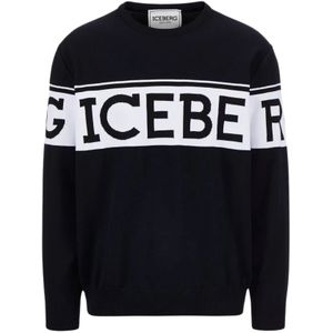 Iceberg, Truien, Heren, Blauw, XL, Katoen, Sportieve Blauwe Logo Sweater