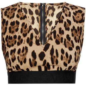 Dolce & Gabbana, Tops, Dames, Beige, S, Mouwloze Top met Dierenprint en Elastische Tailleband