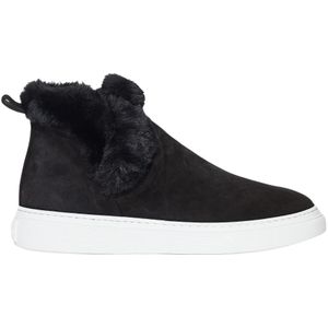 Hogan, Schoenen, Dames, Zwart, 36 1/2 EU, Suède, Zwarte Slip-On Sneakers met Bontafwerking