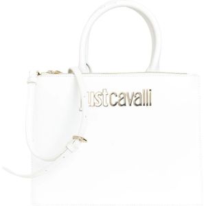 Just Cavalli, Tassen, Dames, Wit, ONE Size, Polyester, Witte Dames Schoudertas met Gouden Logo Plaatje