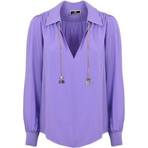 Elisabetta Franchi, Blouses & Shirts, Dames, Paars, S, Georgette Blouse met Lange Mouwen en Gouden Metalen Hangers