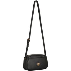 Versace, Tassen, Dames, Zwart, ONE Size, Katoen, Leren Crossbody Tas met Metalen Logo