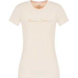 Armani Exchange, Tops, Dames, Beige, 2Xl, Katoen, Glitter Logo Slim Fit T-Shirt