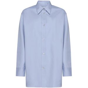 Studio Nicholson, Blouses & Shirts, Dames, Blauw, S, Katoen, Grijze Overshirt met Logo Borduursel