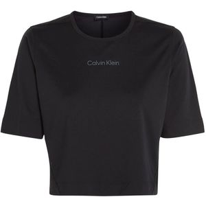 Calvin Klein, Tops, Dames, Zwart, L, Polyester, Minimalistische Elegantie: Zwarte Polyester T-shirt met Logo voor Dames