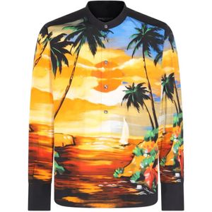 Dolce & Gabbana, Overhemden, Heren, Geel, XL, Katoen, Grafisch Print Hawaii Overhemd