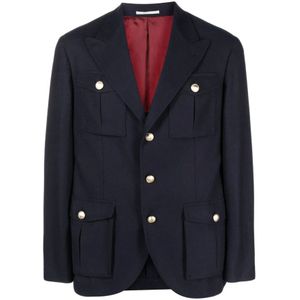 Brunello Cucinelli, Blauwe Wolblend Blazer met Gouden Knopen Blauw, Heren, Maat:L