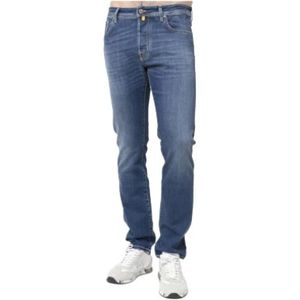 Jacob Cohën, Jeans, Heren, Blauw, W29, Katoen, Slim Fit Gewassen Blauwe Jeans met Gele Stiksels