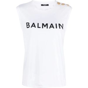 Balmain, Tops, Dames, Wit, XS, Witte Mouwloze Top met Balmain Print