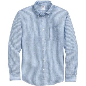 Brooks Brothers, Blauw Wit Gestreept Regular Fit Linnen Sportoverhemd met Button Down Kraag Blauw, Heren, Maat:XL