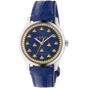 Gucci, Accessoires, Dames, Blauw, ONE Size, Automatisch blauw wijzerplaat horloge met alligator band