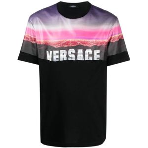 Versace, Tops, Heren, Zwart, S, Katoen, Zwarte Jersey Katoenen T-shirt met Versace Hills Print