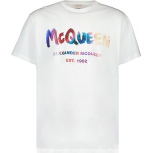 Alexander McQueen, Tops, Heren, Wit, L, Katoen, Graffiti Print Ronde Hals T-shirt