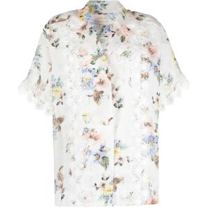 Zimmermann, Blouses & Shirts, Dames, Blauw, S, Bloemenprint kanten shirt