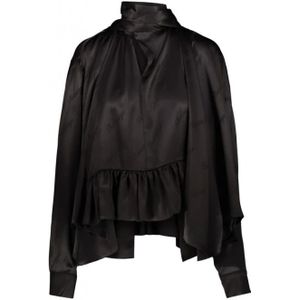 Balenciaga, Blouses & Shirts, Dames, Zwart, S, Satijn, Zijden satijnen blouse met logo print en gerimpelde zoom