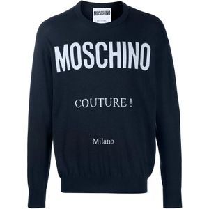 Moschino, Gebreide kleding met ronde hals en logo print Blauw, Heren, Maat:M