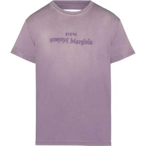 Maison Margiela, Paarse T-shirt met distressed afwerking en logo print Paars, Dames, Maat:S