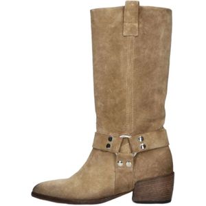 Elena Iachi, Schoenen, Dames, Beige, 37 1/2 EU, Suède, Beige Bikerlaarzen met Puntige Neus