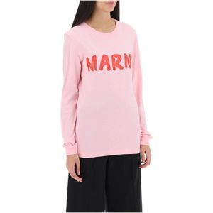 Marni, Tops, Dames, Roze, S, Katoen, Geborsteld Logo Longsleeve T-Shirt