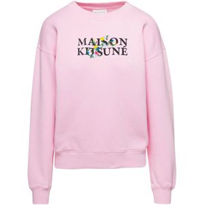 Maison Kitsuné, Sweatshirts & Hoodies, Dames, Roze, M, Katoen, Roze Logo Print Crewneck Sweatshirt