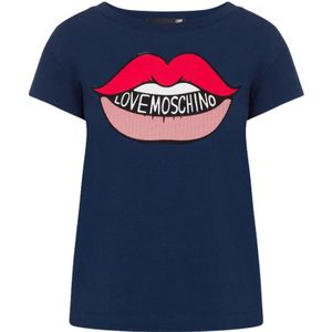 Love Moschino, Tops, Dames, Blauw, M, Katoen, Grafische Lips Print T-shirt Navy Blue