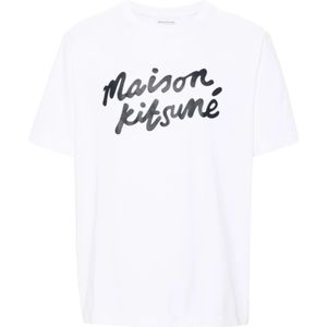 Maison Kitsuné, Tops, Heren, Wit, L, Katoen, Witte T-shirts en Polos met Logo Print