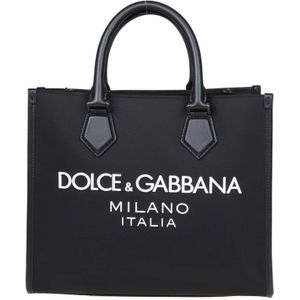 Dolce & Gabbana, Tassen, Dames, Zwart, ONE Size, Nylon, Zwarte nylon boodschappentas met lederen details