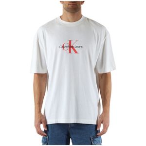 Calvin Klein Jeans, Tops, Heren, Wit, S, Katoen, Oversized Katoen Logo Print T-shirt