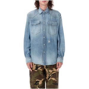 Palm Angels, Lichtblauwe Denim Overhemd - PA Monogram Blauw, Heren, Maat:S