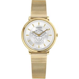 Versace, Gouden Roestvrijstalen Dameshorloge V-Circle Geel, Dames, Maat:ONE Size