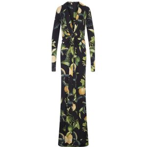 Roberto Cavalli, Kleedjes, Dames, Zwart, S, Zwarte lange jurk met citroen- en slangenprint
