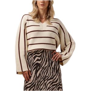 Gestuz, Truien, Dames, Beige, L, Ecru V-hals Pullover met Bruine Strepen