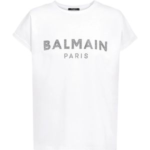 Balmain, Tops, Dames, Wit, S, Katoen, Eco-ontworpen katoenen T-shirt met strass logo