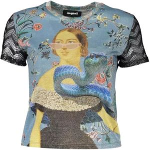 Desigual, Tops, Dames, Veelkleurig, M, Polyester, Gedrukt Blauw T-shirt met Contrasten