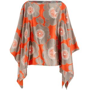 Kiton, Bloemenprint Zijden Poncho Oranje, Dames, Maat:ONE Size