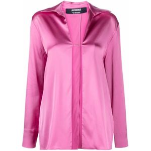 Jacquemus, Blouses & Shirts, Dames, Roze, M, Satijn, Roze La chemise Notte logo-plaque shirt