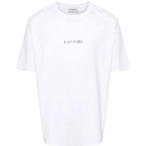 Lanvin, Tops, Heren, Wit, M, Katoen, Witte katoenen T-shirt met geborduurd logo voor heren