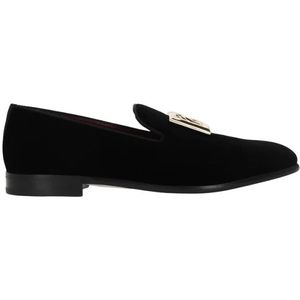 Dolce & Gabbana, Schoenen, Heren, Zwart, 40 EU, Zwarte leren platte schoenen met metalen logo