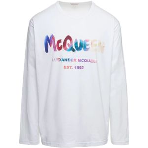 Alexander McQueen, Sweatshirts & Hoodies, Heren, Wit, S, Katoen, Graffiti Logo Oversized Sweatshirt