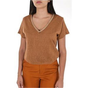 Molly Bracken, Tops, Dames, Bruin, L, Polyester, V-hals Fijngebreid T-shirt