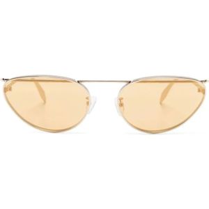 Alexander McQueen, Accessoires, Dames, Beige, ONE Size, Gouden Cat-Eye Zonnebril met Gele Flash Lenzen