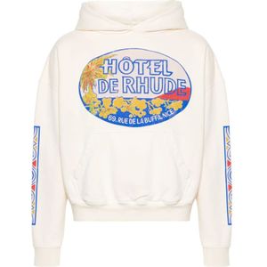 Rhude, Sweatshirts & Hoodies, Heren, Wit, S, Katoen, Ivoor Katoenen Jersey Hoodie met Rhude Hotel Print