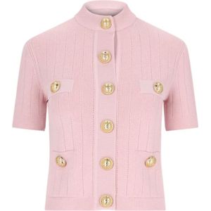 Balmain, Truien, Dames, Roze, S, Polyester, Roze Cardigan met Gouden Details