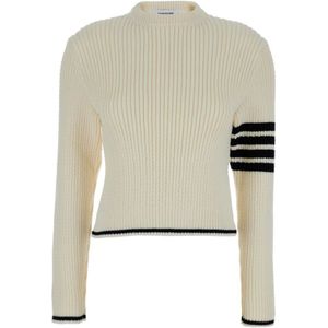 Thom Browne, Truien, Dames, Beige, S, Wol, Witte Crewneck Sweater 4-Bar Detail