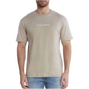 Calvin Klein, Tops, Heren, Beige, M, Katoen, Logo Katoenen TShirt - Beige Ronde Hals Korte Mouw